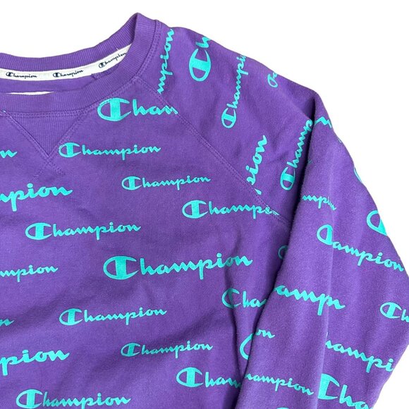 Champion Purple Logo Green Print Crop Sweatshirt Size Size S - Picture 3 of 8